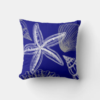 Modern Seashell Beach House Blue White Starfish Throw Pillow