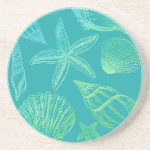 Modern Seashell Blue Green Teal Beach Shells Round Coaster