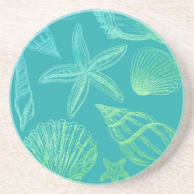Modern Seashell Blue Green Teal Beach Shells Round Coaster (Front)