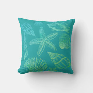 Modern Seashell Blue Green Teal Ombre Beach Shell Throw Pillow