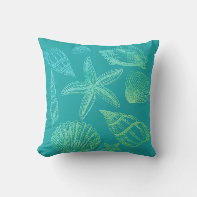 Modern Seashell Blue Green Teal Ombre Beach Shell Throw Pillow (Front)