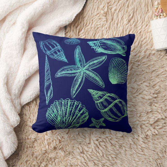 Modern Seashell Navy Aqua White Ombre Beach Shell Throw Pillow (Blanket)