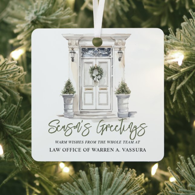 Modern Season's Greeting Business Metal Ornament (Insitu)