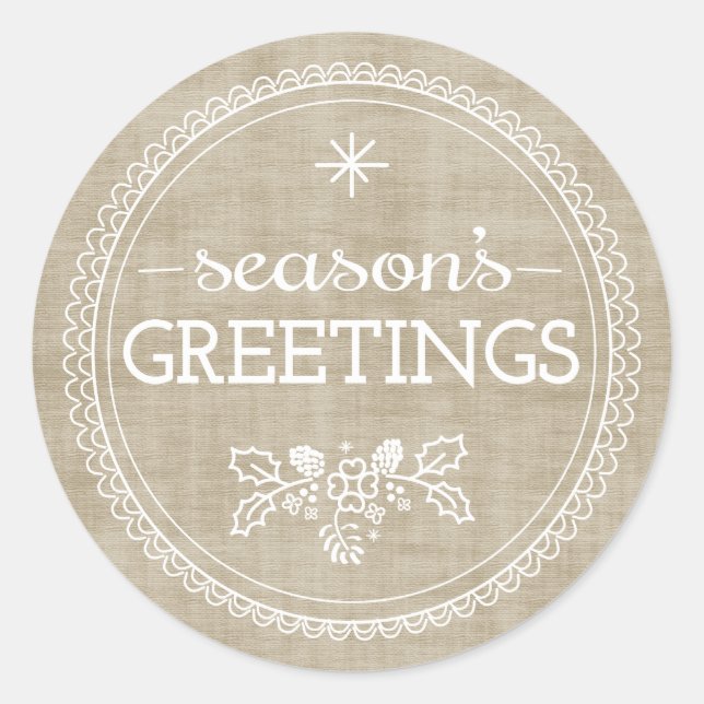 Modern Season's Greetings Burlap Christmas Sticker (Front)