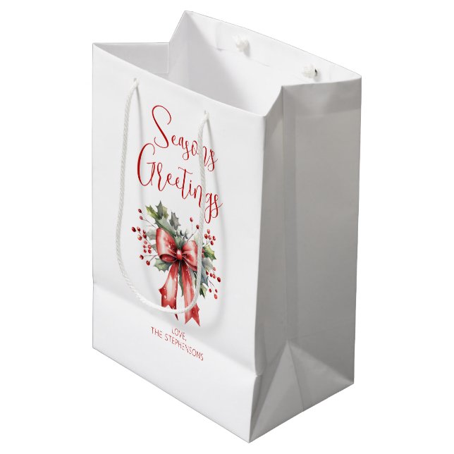 Modern Seasons Greetings Script Holly Bow Name Medium Gift Bag (Front Angled)