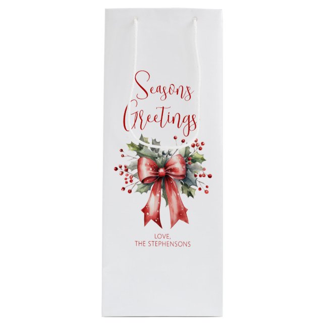 Modern Seasons Greetings Script Holly Bow Name Wine Gift Bag (Front)