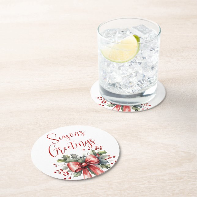 Modern Seasons Greetings Script Holly Bow Red Round Paper Coaster (Insitu)