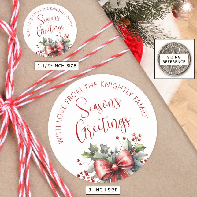 Modern Seasons Greetings Script Red Bow From Name Classic Round Sticker (Creator Uploaded)