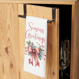 Modern Seasons Greetings Script Red Bow Kitchen Towel