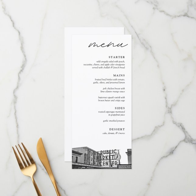 Modern Seattle Black & White Wedding Dinner Menu (Front/Back In Situ)