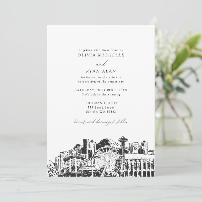 Modern Seattle Landmarks Black & White Wedding Invitation (Standing Front)