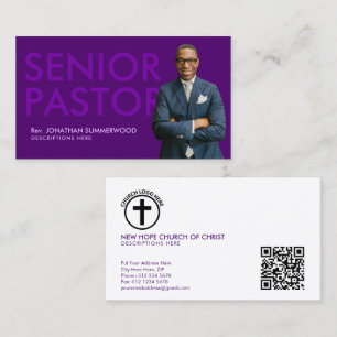 Modern Senior Pastor with Photo Purple Business Card