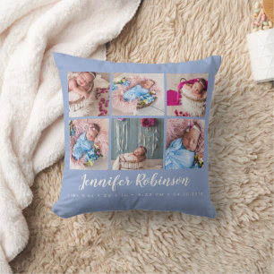 Modern Serenity Birth Stat Blue Photo Collage Throw Pillow
