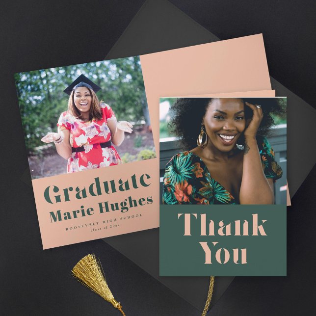 Modern Serif Blush and Green Graduation Thank You  Card (Creator Uploaded)