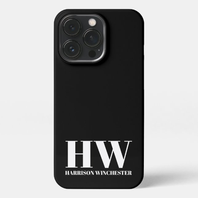 Modern serif monogram initials name plain black  iPhone case (Back)
