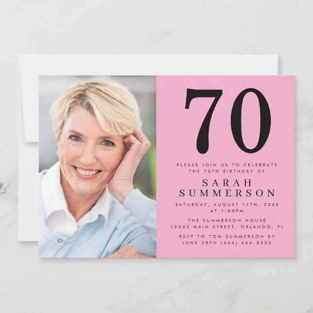 Modern Seventy Pink Black Photo 70th Birthday Invitation (Front)