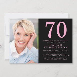 Modern Seventy Pink Black Photo 70th Birthday Invitation