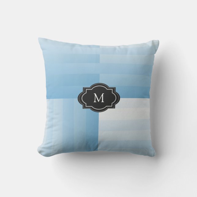 Modern shades of blue colours stripes monogram outdoor pillow (Front)