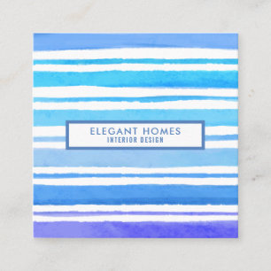 Modern Shades of Blue Watercolour Stripes Square Business Card