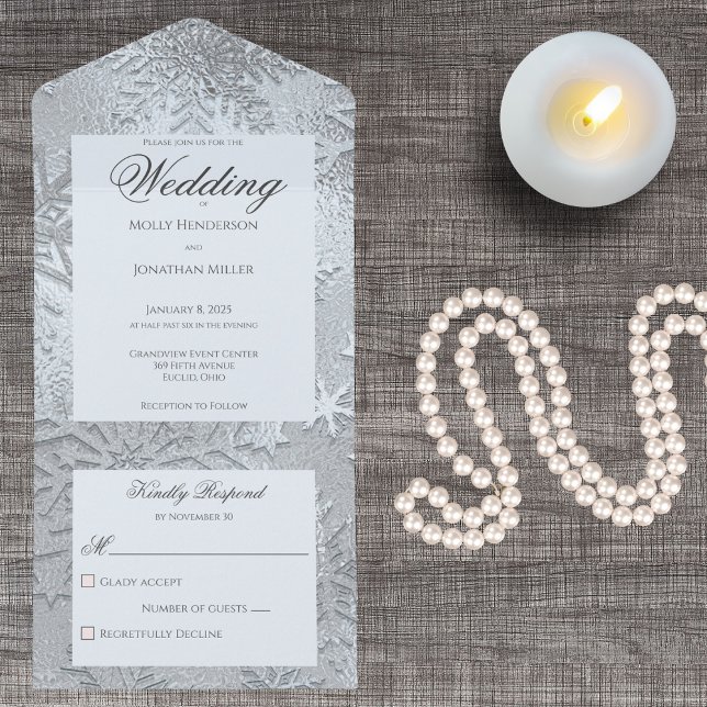 Modern Shades of Ice Blue Snowflake All In One Invitation (Also available with QR code. )