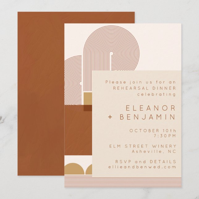 Modern Shapes and Line Terracotta Rehearsal Dinner Invitation (Front/Back)