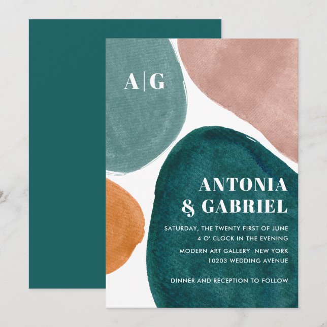 Modern Shapes orange teal pink monogram wedding In Invitation (Front/Back)