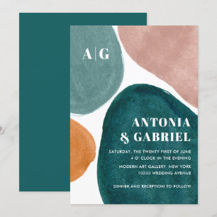 Modern Shapes orange teal pink monogram wedding In Invitation
