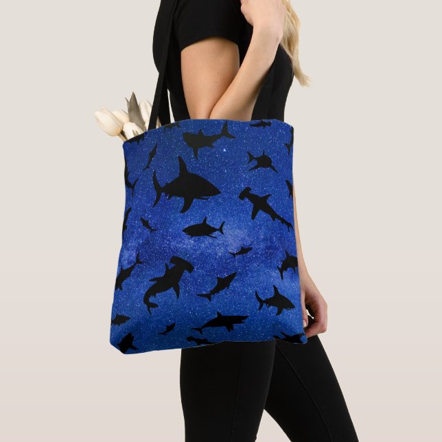 Modern shark fish jaws whale under the sea galaxy tote bag (Close Up)