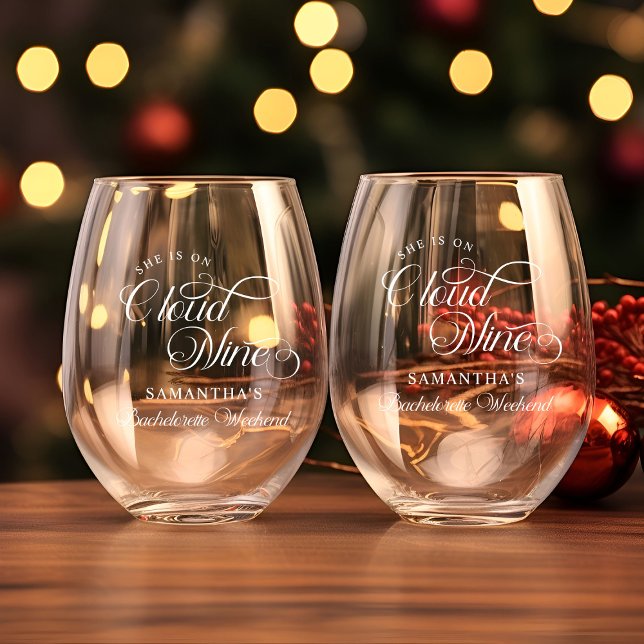 Modern She Is On Cloud 9 Bachelorette Weekend Stemless Wine Glass (Creator Uploaded)