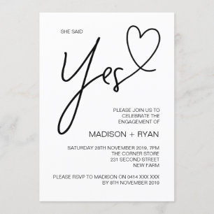 Modern She Said Yes Engagement Party Heart Invitation