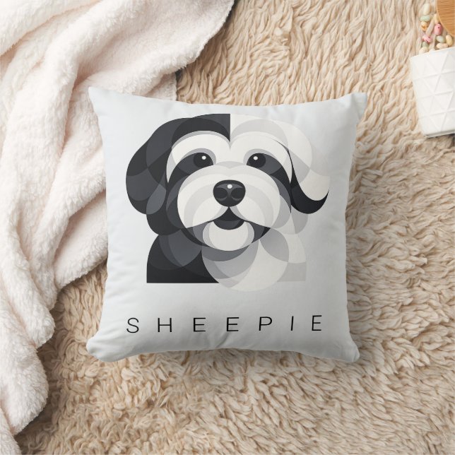 Modern Sheepadoodle Art - Geometric Black & White  Throw Pillow (Blanket)