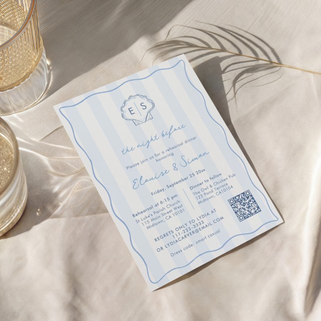 Modern Shell Monogram Wedding Rehearsal Dinner Invitation (Modern Seashell Monogram wavy border blue and white wedding rehearsal dinner invitation)