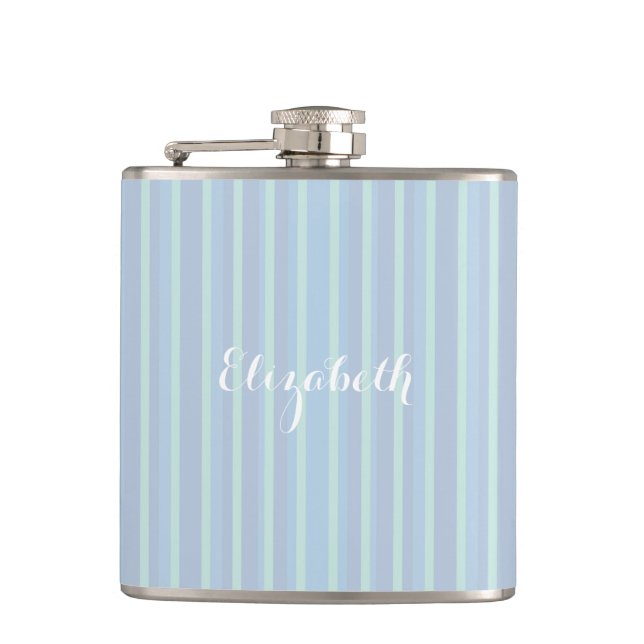 Modern Shimmering Blue Striped Hip Flask (Front)