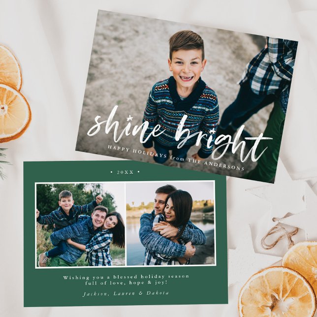 Modern Shine Bright Script Green 3 Photo Holiday Card (Creator Uploaded)