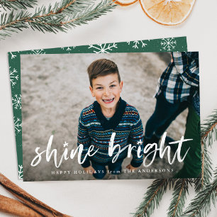 Modern Shine Bright Script Green Photo Holiday Card