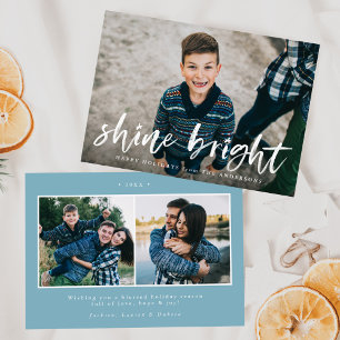Modern Shine Bright Script Light Blue 3 Photo Holiday Card