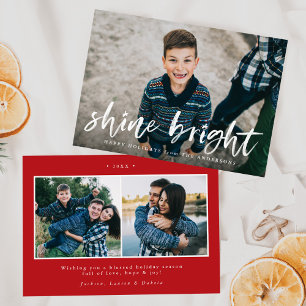 Modern Shine Bright Script Red 3 Photo Holiday Card