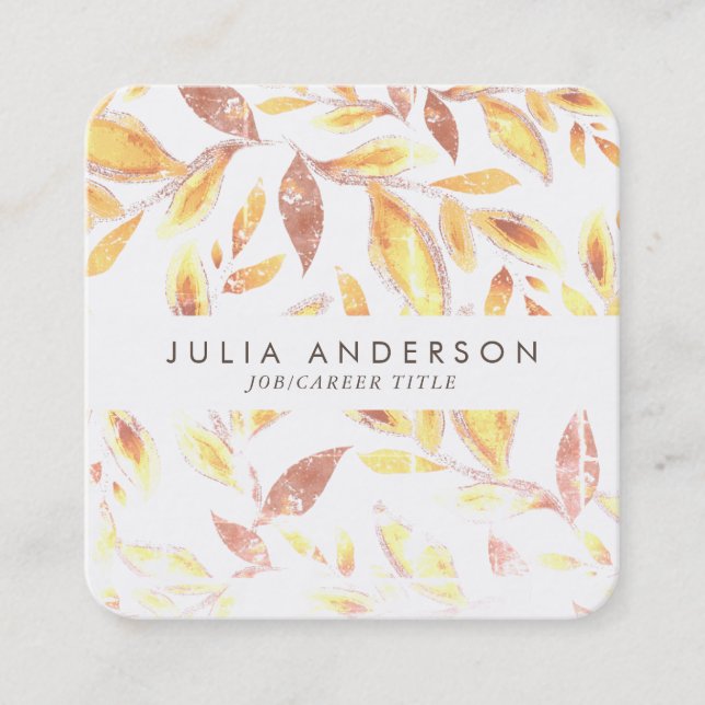 Modern Shining Gold Botanical Leaves Pattern Square Business Card (Front)