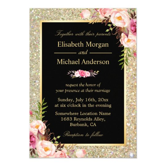 Modern Shiny Gold Sparkles Floral Wedding Invite