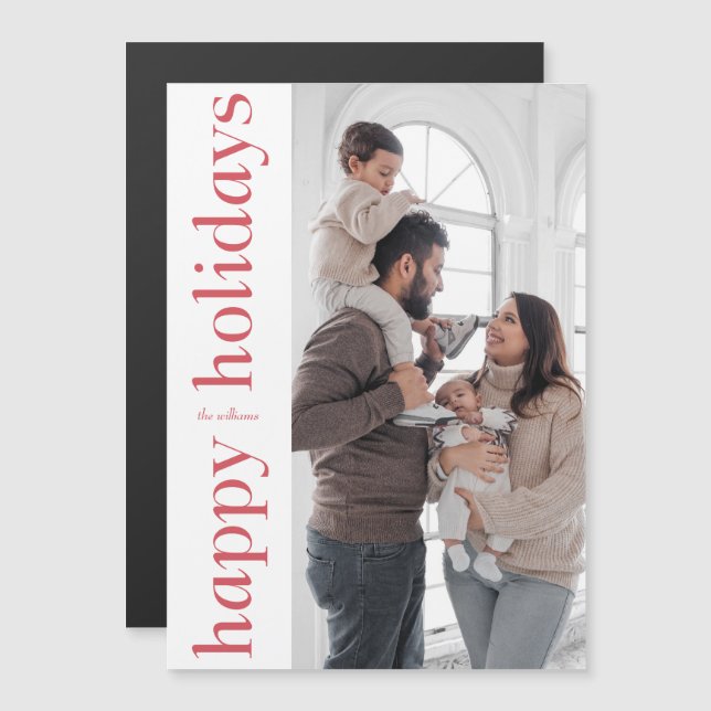 Modern Side Red Type Happy Holidays Photo Magnet (Front/Back)