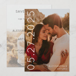 Modern Sideways Date Faux Vellum Back Photo Save The Date