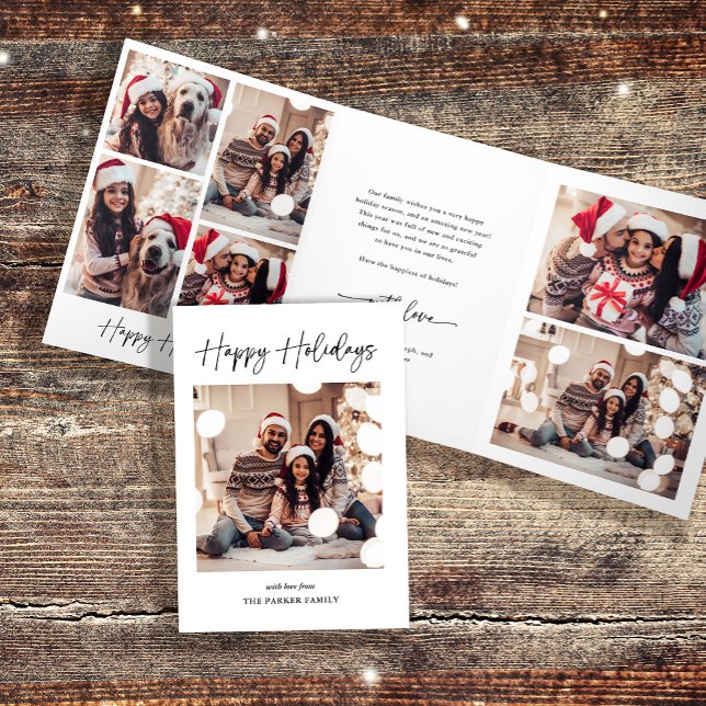 Modern Signature | Black and White Multi Photo Tri-Fold Holiday Card (A black and white, simple and stylish multi-photo trifold holiday card)