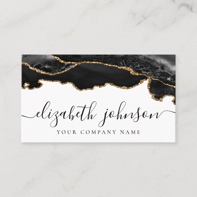 Modern Signature Black Gold Glitter Agate Marble B Business Card (Front)