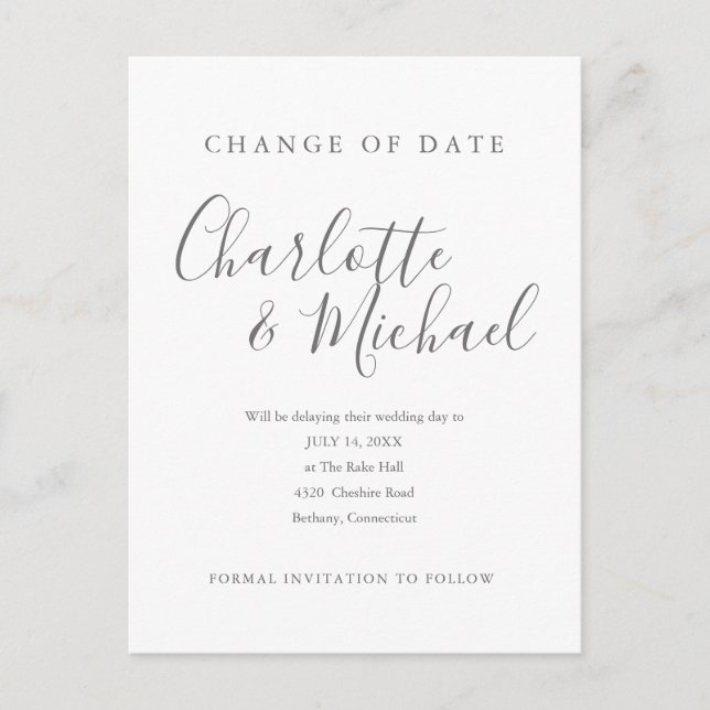 Modern Signature Change the Date Postponed Announcement Postcard (Front)