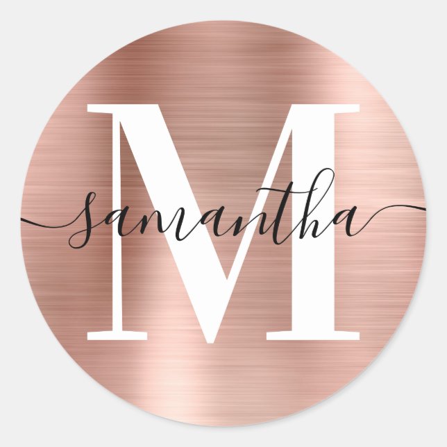 Modern Signature Monogram Rose Gold Foil Classic Round Sticker (Front)