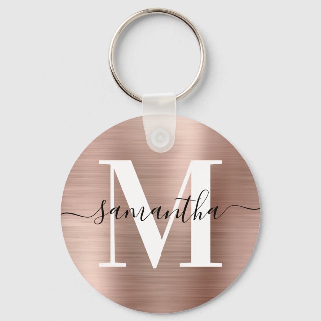 Modern Signature Monogram Rose Gold Foil Photo Keychain (Front)