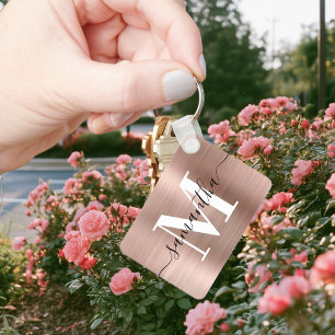 Modern Signature Monogram Rose Gold Foil Rectangle Keychain