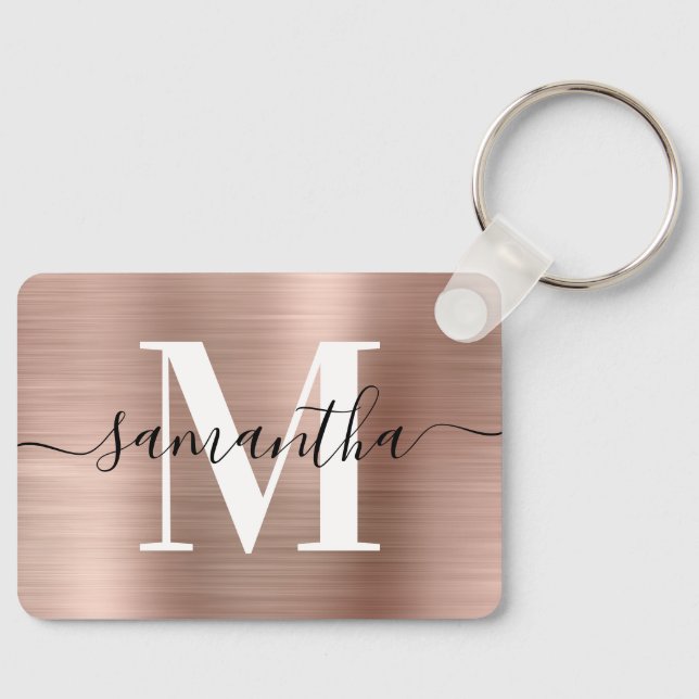 Modern Signature Monogram Rose Gold Foil Rectangle Keychain (Front)