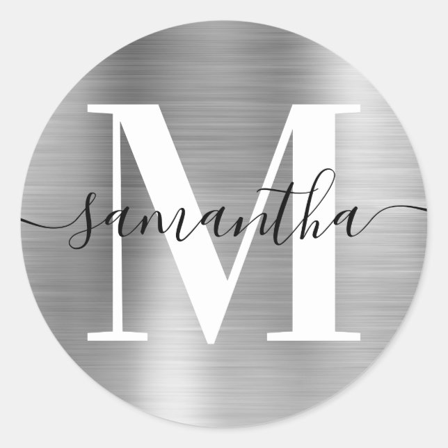 Modern Signature Monogram Silver Foil Classic Round Sticker (Front)