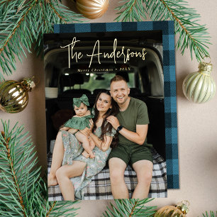 Modern Signature Script Blue Plaid Photo Foil Holiday Card
